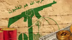 Composite graphic showing red barrels, an image of a gun next to a gate in green, a barbed wire fence, US dollar bills and gold coins with 'B' engraved on them