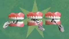 Колаж із щелепи, коника і руки, яка виделкою кладе його між зубами.