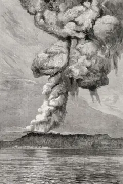 Ilustración en blanco y negro que muestra una erupción volcánica, con una imponente columna de ceniza sobre una isla rodeada de agua.