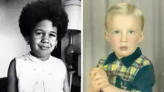 Imagem composta mostra Kamala Harris com três anos e Donald Trump com três anos