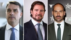 Montagem de fotos mostra Flavio Bolsonaro, Daniel Vorcaro e Eduardo Bolsonaro. Todos vestem terno e olham para a frente