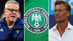 Janne Andersson sanya rigar Sweden da Herve Renard sanya da farar riga da kuma tambarin Hukumar Ƙwallon Ƙafar Najeriya a tskiyarsu.