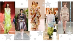 태슬 장식의 초록색 브이넥 드레스를 입은 모델(왼쪽부터), 줄무늬 주름 미디 길이 치마에 셔츠와 넥타이, 민소매 상의와 재킷을 매치하고 갈색 가죽 코트를 어깨에 걸친 모델, 어깨를 드러낸 러플 장식의 다채로운 색감 드레스 차림의 모델, 파랑과 초록이 자연스럽게 이어지는 태슬 장식의 전신 의상, 그리고 러플 장식의 여러 색 미니 치마와 7부 소매 상의를 입은 모델들이 무대를 걷고 있다.