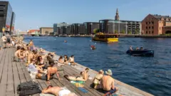 İnsanlar Danimarkanın Kopenhagen şəhərindəki Den Sorte Diamand estakadasında günəş vannası qəbul edirlər