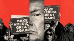 Una imagen compuesta que muestra parte de la cara de Trump en el medio, rodeada de grupos de adeptos sosteniendo pancartas que leen MAGA 