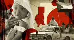 የሕጻን ልጅ እና በመኪና ላይ የተሳፈሩ ወታደሮች የፎቶ ውህድ