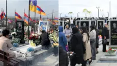 Fotoda Yerevan və Bakıda hərbi məzarlıq görünür, Ermənistandakı qəbirstanlıqda hər bir məzarın üstündə bayraq dalğalanır və qəbirlərin dizaynı fərqlidir. Azərbaycancandakı məzarlıqda ayrı-ayrı bayraqlar yoxdur, bütün məzarlar eyni ölcüdə, üzərilərindəki fotolar eyni dizaydadır.