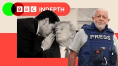 Trump image in frame showing Jeremy Bowen