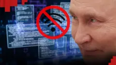 Обличчя Путіна, знак забороненого вайфаю на фоні цифрового зображення кодів- колаж