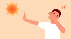 Sweaty man suffering from hot weather strong sunlight 
