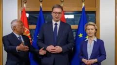 Predsednik Srbije Aleksandar Vučić sa Antoniom Koštom, predsednikom Evropskog saveta, i Ursulom fon der Lajen, predsednicom Evropske komisije