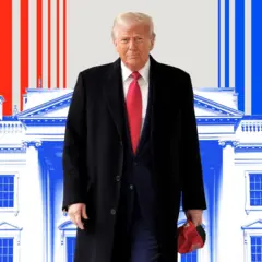 O presidente americano Donald Trump de pé, em frente a uma ilustração da Casa Branca