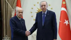 MHP lideri Devlet Bahçeli solda, Cumhurbaşkanı Erdoğan sağda kameraya bakarak tokalaşıyor odada bir Türk bayrağı ve cumhurbaşkanlığı amblemi var