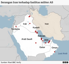 Karte des Nahen Ostens mit den Standorten der vom Iran angegriffenen US-Luftwaffenstützpunkte. Diese Luftwaffenstützpunkte befinden sich in Saudi-Arabien, den Vereinigten Arabischen Emiraten (VAE), Katar, Kuwait, Irak, Jordanien, Bahrain und Oman.