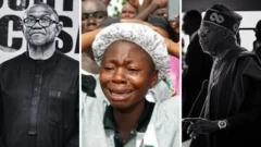 Peter Obi and Tinubu wear black wit woman wey dey cry dey dia middle