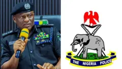 Ọga agba ọlọpaa Tunji Disu wọ aṣọ ọlọpaa dudu, o si mu gbohungbohun lọwọ.