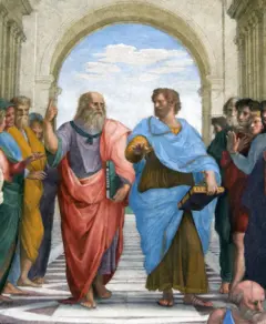 Detalhe central de 'A Escola de Atenas', que apresenta os filósofos gregos Platão (túnica vermelha) e Aristóteles (túnica azul). Pintado por Rafael entre 1509 e 1511 (Palácio Apostólico, Cidade do Vaticano).