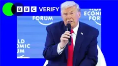 Donald Trump speaking at Davos. He is holding a microphone and wearing a dark suit with an American flag pin. He is imposed over the BBC Verify colours and branding. 