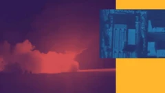 Коллаж из спутникового снимка и затемненного фото запуска ракеты ночью