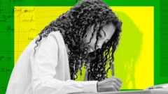 A woman with dark curly hair writing, the background is bright yellow and green. 