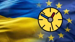 Коллаж із прапорів ЄС, України та годинника