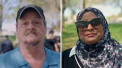 青いキャップとポロシャツの白人男性と、頭にスカーフを巻いてサングラスをした中東系の女性の写真が並べてある