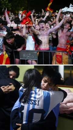Una imagen compuesta en la que se ve la celebración de los fanáticos españoles en la parte de arriba, y la de los argentinos en la parte de abajo