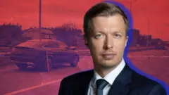 Колаж портрет Андрія Ніколаєнка і автомобіля на дорозі