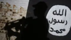 A member of the Iraqi forces walks past a mural bearing the logo of the Islamic State (IS) group during a 2017 operation near Mosul. We can only see his shadowy presence in front of the flag.