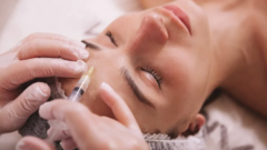 Mulher recebendo aplicação com agulha no rosto durante procedimento estético