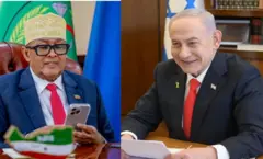 Perezida Abdullahi wa Somaliland (i bubamfu) afise terefone mu minwe inyuma yiwe hari ambendera, yambaye kositimue y'ubururu, ishati yera n'ikaruvati itukura, n'inkofero y'Abasilamu hamwe n'amarori, hamwe na Perezida Benjamin Netanyahu wa Israel yambaye kositime yirabura, ishati yera n'ikaruvati itukura, ku ruhande rw'inyuma amaja mu buryo bwiwe haboneka ibendera rya Israel
