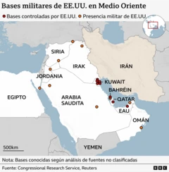 Mapa que muestra las bases y la presencia militar de Estados Unidos en Medio Oriente