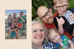 Duas fotos: à esquerda, Ciaran com os filhos; à direita, com a companheira e os filhos
