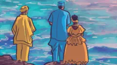 Dois homens e uma mulher com trajes de religião de matriz africana de costas, olhando o mar