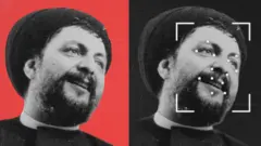 صورتان متطابقتان لموسى الصدر، كلاهما بالأبيض والأسود، إحداهما بخلفية حمراء والأخرى تُظهر نقاط تتبع الهوية