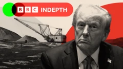 Une image traitée montrant Trump en noir et blanc, et une image différente de l’exploitation minière en arrière-plan