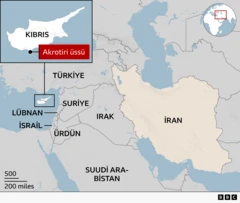 Akrotiri üssünün bölge ve kıbrıstaki yerini gösteren harita.