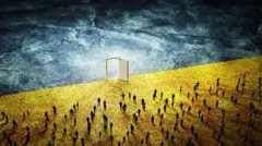 люди і відчинені двері на тлі українського прапора