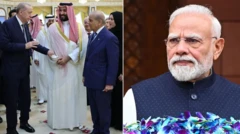 دو عکس جداگانه، سمت راست رئیس‌جمهور هند، عکس سمت چپ روسای جمهور ترکیه، عربستان سعودی و پاکستان که در کنار هم ایستاده و در حال خوش و بش هستند