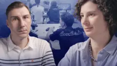 коллаж: Сева Бойко и Наталия Зотова на фоне школьников за партами