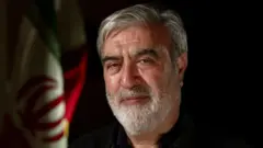 Мужчина с седой бородой и седыми волосами смотрит в камеру. На нем черная рубашка, а за его спиной висит иранский флаг.