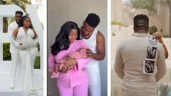 Veekee James and Femi Atere wit dia daughter in and out of di womb.