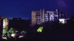 暗闇に包まれた集合住宅エリア。緊急用の電源でつけられたとみられる照明が、街路樹や建物の外壁を照らしている。