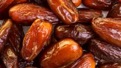 Close up shot of handful dried dates.