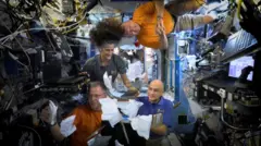 Os astronautas Sunita Williams, Nick Hague, Barry Wilmore e Donald Pettit a bordo da EEI.
