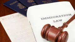 Foto of gavel and US passport wit text of immigration law
