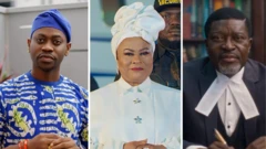 Foto of Adedimeji e wear blue cloth wey get white and yellow design wit blue cap, e cross im hand. Sola Sobowale wear all white wit her head gear, Kanayo O.Kanayo wear im lawyer clothe, black suit and while shirt wit cape, im look into di camera. 