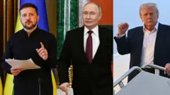 Президент Украины Владимир Зеленский, президент России Владимир Путин, президент США Дональд Трамп.