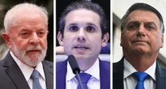 Montagem com fotos de Lula, à esquerda, Hugo Motta, ao centro, e Jair Bolsonaro à direita