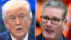 Колаж із двох портретів крупним планом: на лівій частині – Трамп на блактиному тлі. На правій частині – Стармер, в окулярах, із темнішим, зачесаним назад волоссям; на помаранчевому тлі.